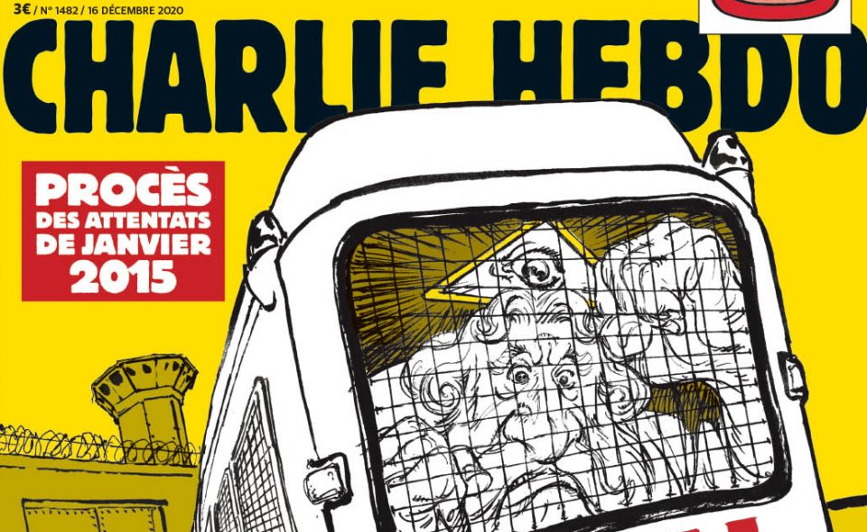Господ во полициско комбе: Сатирична насловна на „Шарли Ебдо“ во пресрет на пресудите за нападот врз весникот