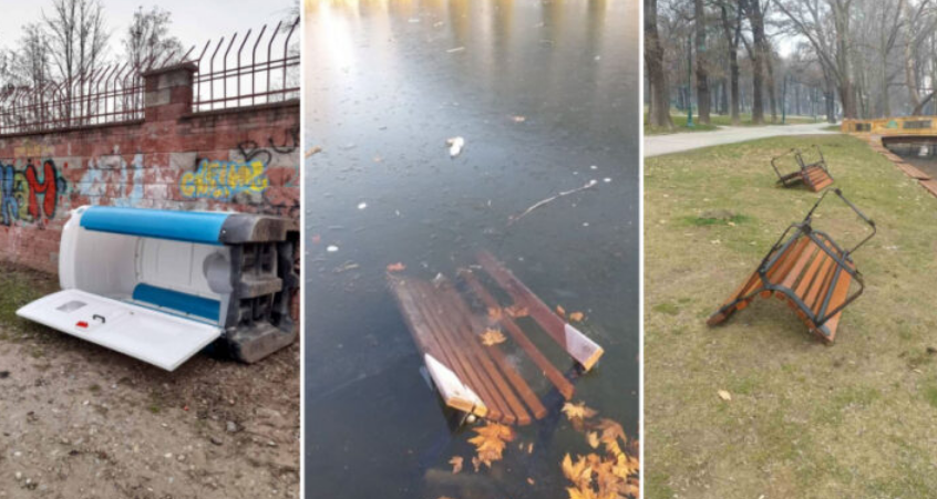 Клупи фрлени во езерцето, превртени тоалети, купишта ѓубре: Градскиот парк вандализиран од невоспитани идиоти