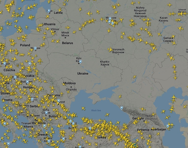 Фотографија од Flight Radar: Нема цивилни патнички летови над Украина
