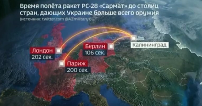 „Еден Самрат и тоа е тоа“, велат на руска телевизија прикажувајќи за колку секунди ракетата може да ги уништи Берлин или Лондон