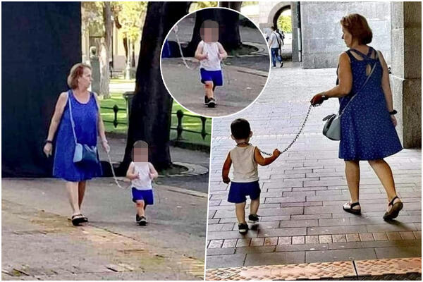 Баба го шета внукот врзан со синџир како куче