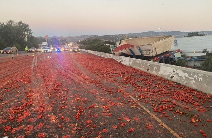 Домати предизвикаа хаос на автопат: Камион удри во заштитна ограда и истури над 150.000 плодови, тројца повредени
