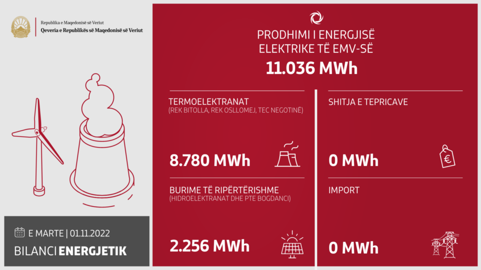 Влада: Произведени 11.036 MWh електрична енергија, 100% покриени потребите на домаќинствата и малите потрошувачи