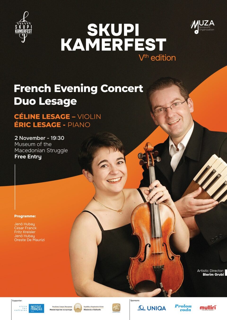 Дуо од Франција виолинистката Селин Лесаж и пијанистот Ерик Лесаж вечерва на Скупи Камерфест