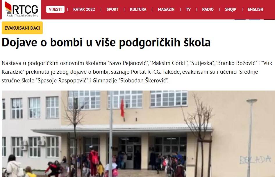 Дојави за бомби во неколку училишта во Подгорица