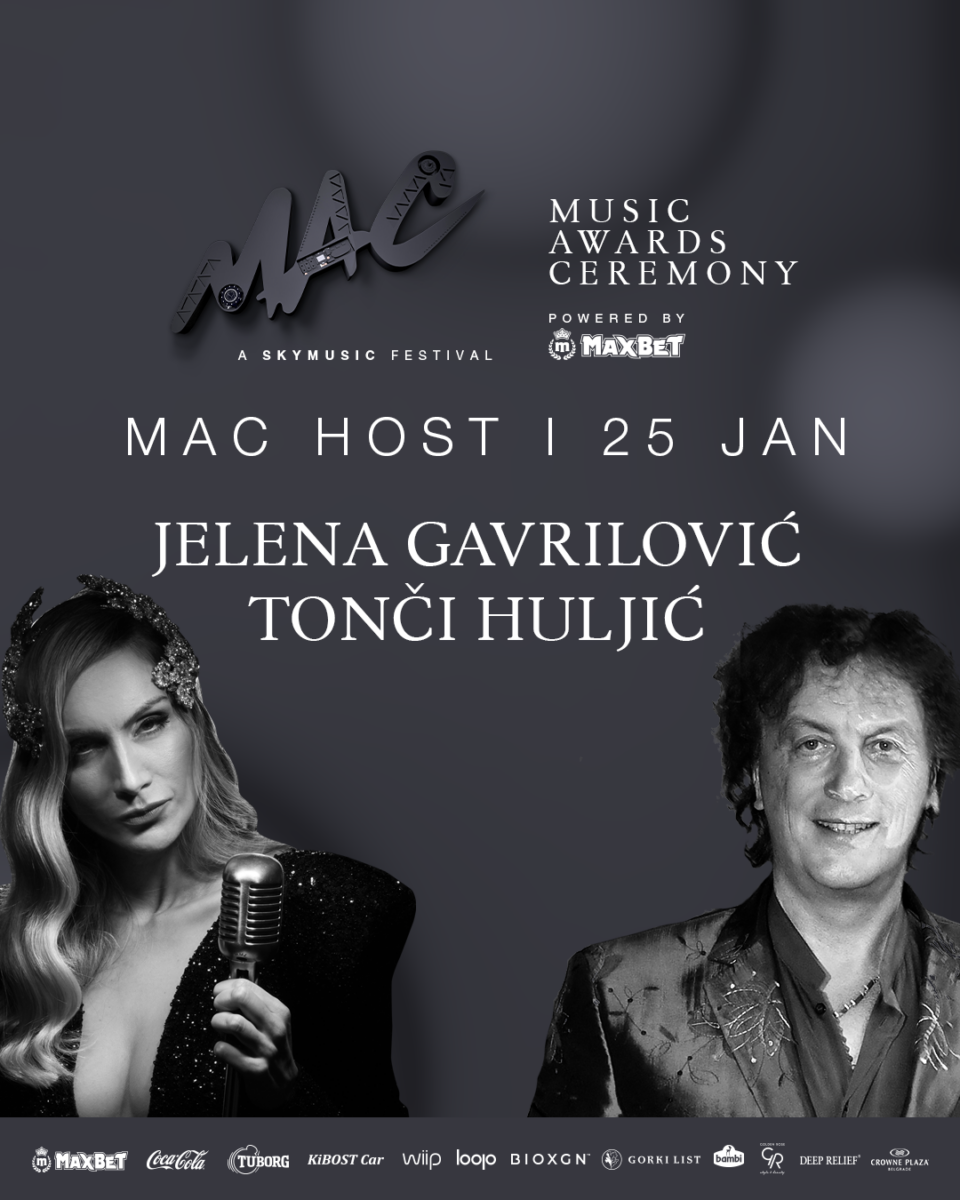 Актерката Јелена Гавриловиќ со музичкиот маг Тончи Хуљиќ и Мими Мерседез со Воајаж домаќини на Music Awards Ceremony