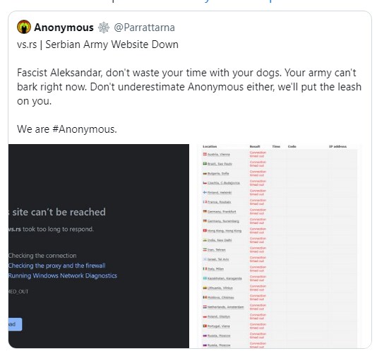„Анонимуси“ ги покажаа доказите дека го срушиле сајтот на Вучиќ и на војската на Србија