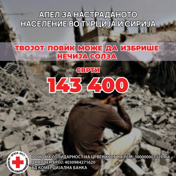 Црвен крст ја заокружи кампањата со 1 милион евра за настраданите подрачја во Турција и Сирија