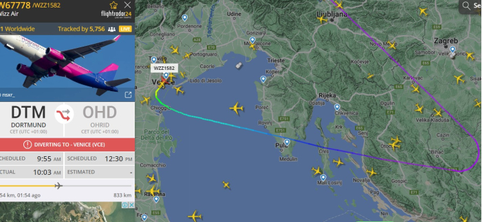 Авион на Визер кој летал од Дортмунд до Охрид, итно слетал во Венеција