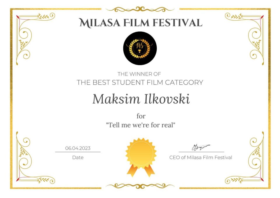 „Кажи ми дека сме за стварно“ на Максим Илковски најдобар студентски фимл и на филмски фестивал во Турција