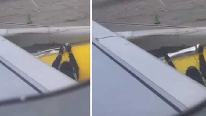Работник со селотејп го лепи крилото на авионот пред полетување, патниците во шок