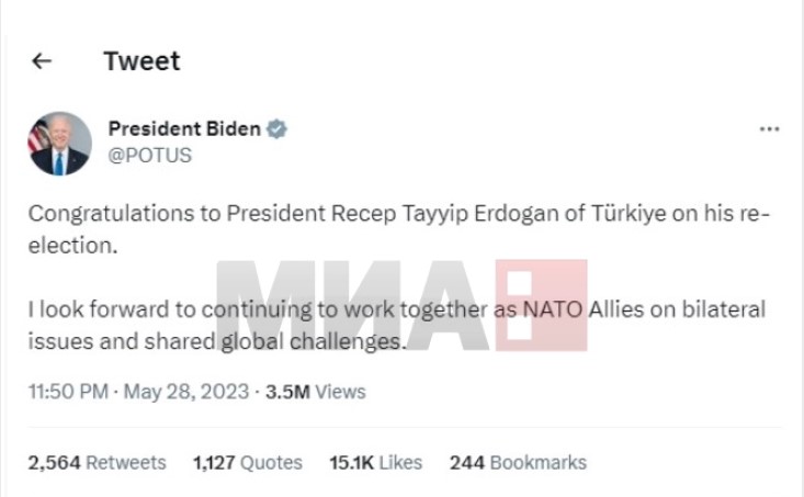 Бајден и Блинкен го поздравија Ердоган со повторниот избор за претседател на Турција
