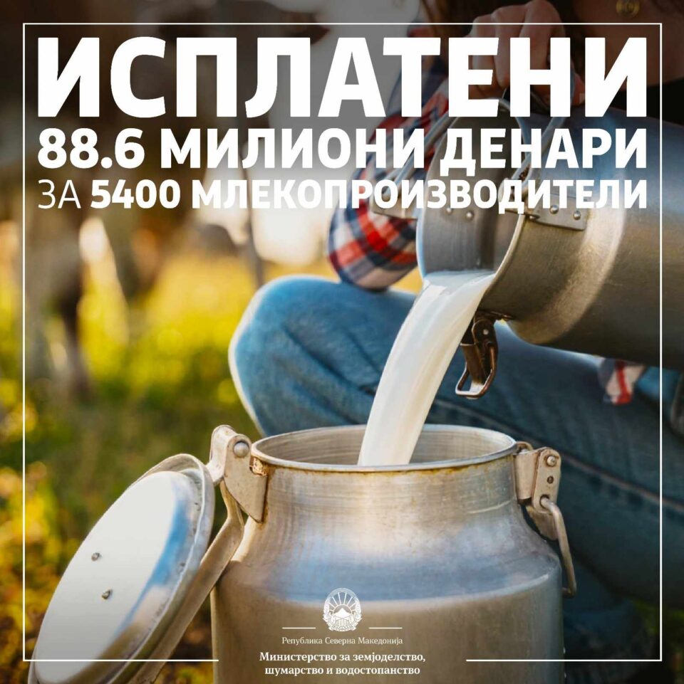 МЗШВ: Исплатени 88,6 милиони денари финасиска поддршка кон 5.400 корисници, за произведено и предадено млеко