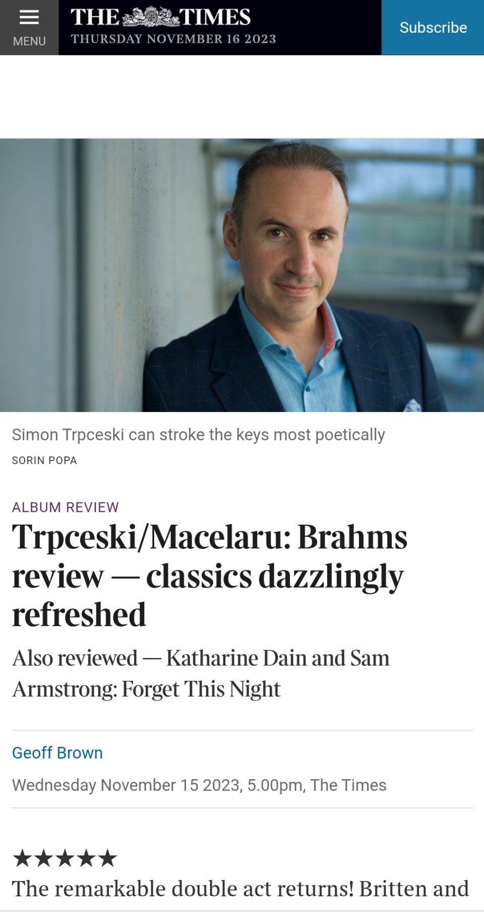 Оценка од пет ѕвезди и блескава критика за новиот албум на Симон Трпчески од британски „Тајмс“