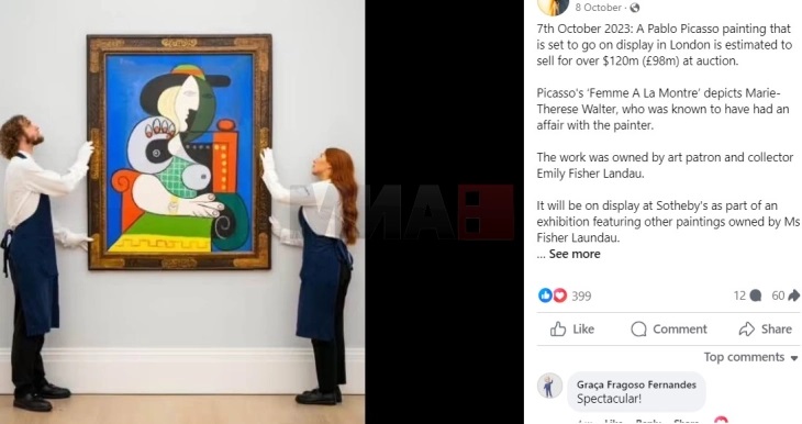 Ремек -делото на Пикасо „Жената со часовник“ од 1932 година продадено за 130 милиони евра