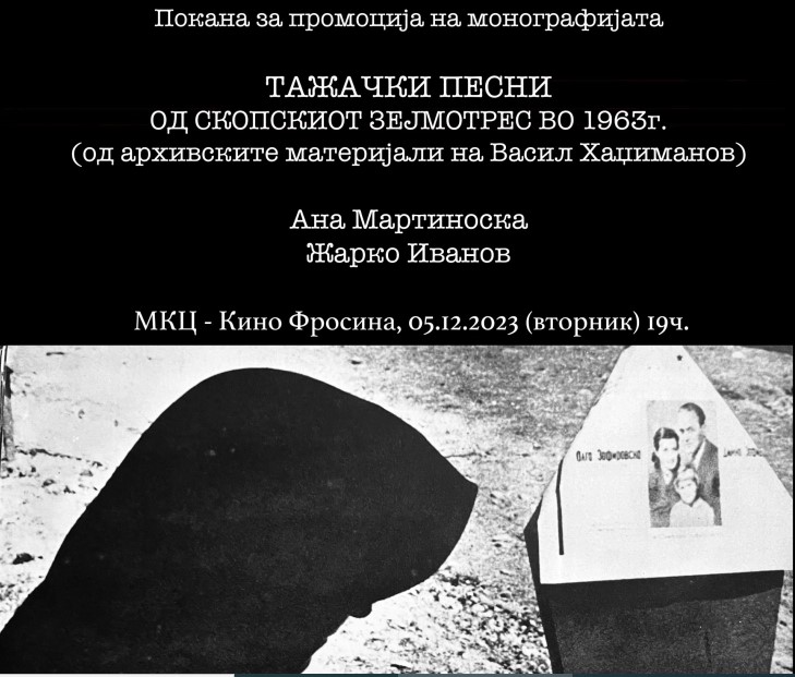 Промоција на книгата „Тажачки песни од скопскиот земјотрес во 1963 година“