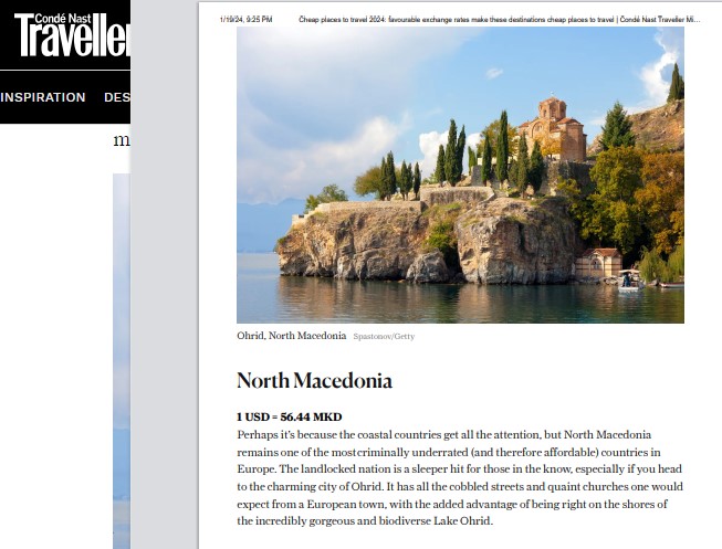Македонија на списокот на магазинот за туризам Conde Nast Traveler како земја која вреди да се посети, а не е меѓу најскапите