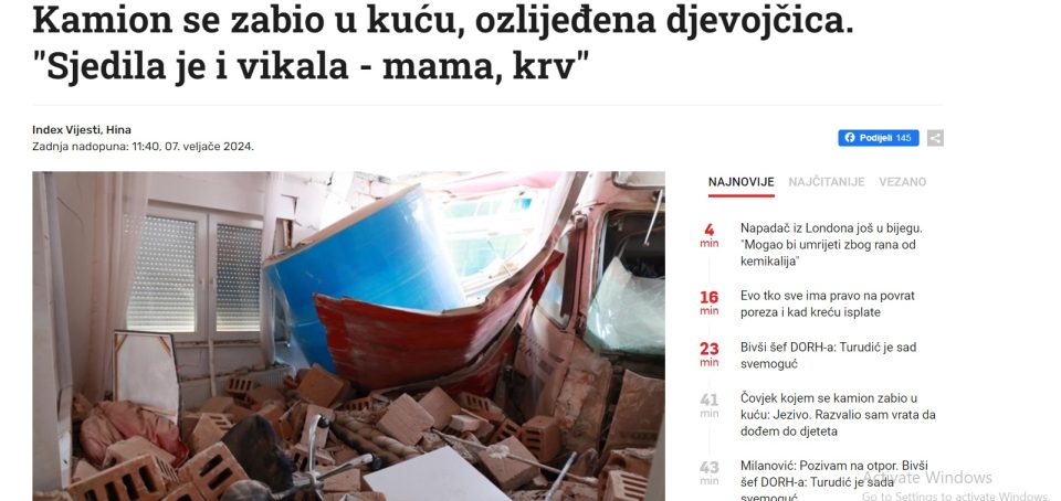 Камионџија од Македонија удрил во куќа во Хрватска, повредено девојче