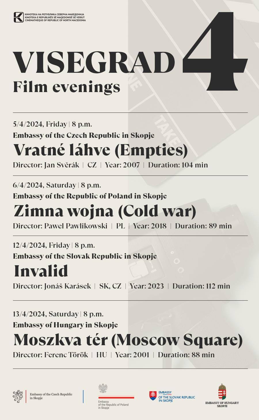 Вишеградска група В4 филмски вечери во Кинотека: „Инвалид“ на Јонас Карасек и „Плоштад Москва“ на Ференц Торок за крај на манифестацијата