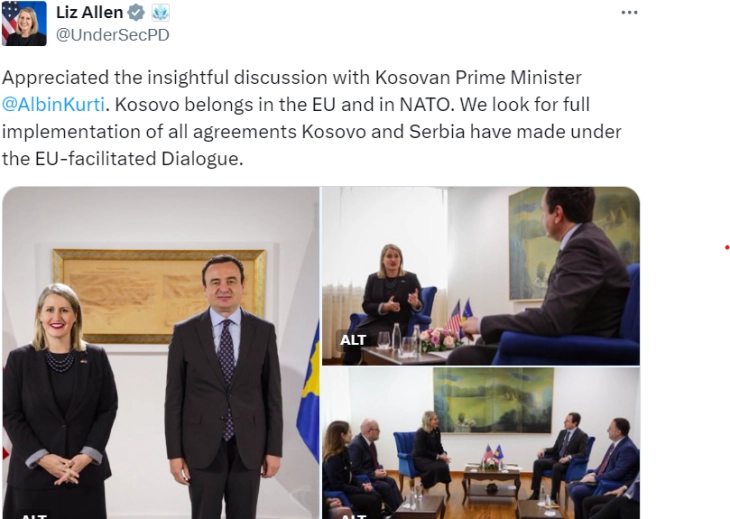 Елизабет Ален, американска државна потсекретарка за јавна дипломатија на средба со Курти: Бараме целосна имплементација на сите договори што Косово и Србија ги постигнаа во рамките на Дијалогот олеснет од ЕУ