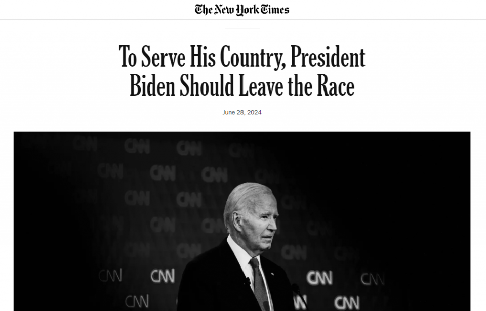 Уредничкиот колегиум на „Њујорк тајмс“ го повика Бајден да се откаже од претседателската трка против Доналд Трамп