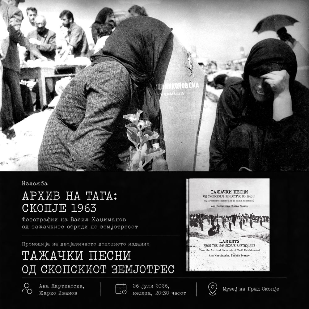 Во Музејот на град Скопје ќе бидат промовирани двојазичното издание на „Тажачки песни од скопскиот земјотрес во 1963 г.“ и изложбата „Архив на тага: Скопје 1963“