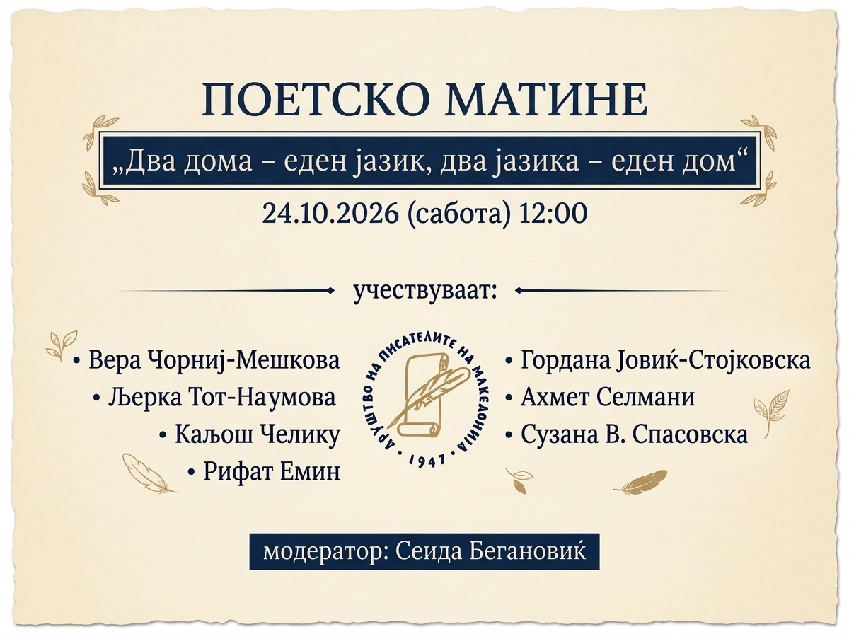 Друштвото на писатели на Македонија организира „Поетско матине“ на 24 октомври на пладне